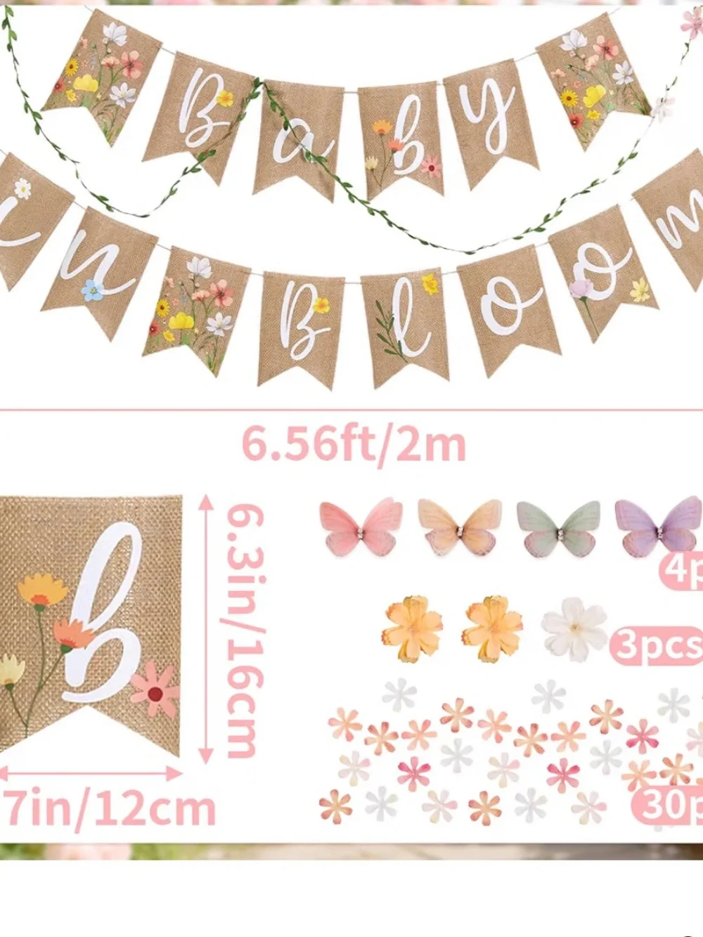 Elegant Baby in Bloom Burlap Banner: Flower Jute Baby Shower 6.56 Feet New